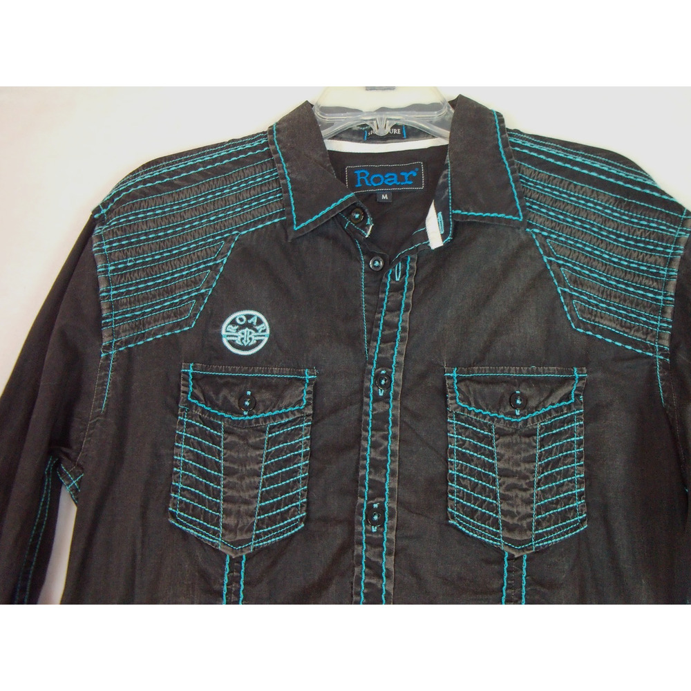 Roar Men's Signature Black Blue Contrast Stitching Dyed Distressed Shirt Medium
